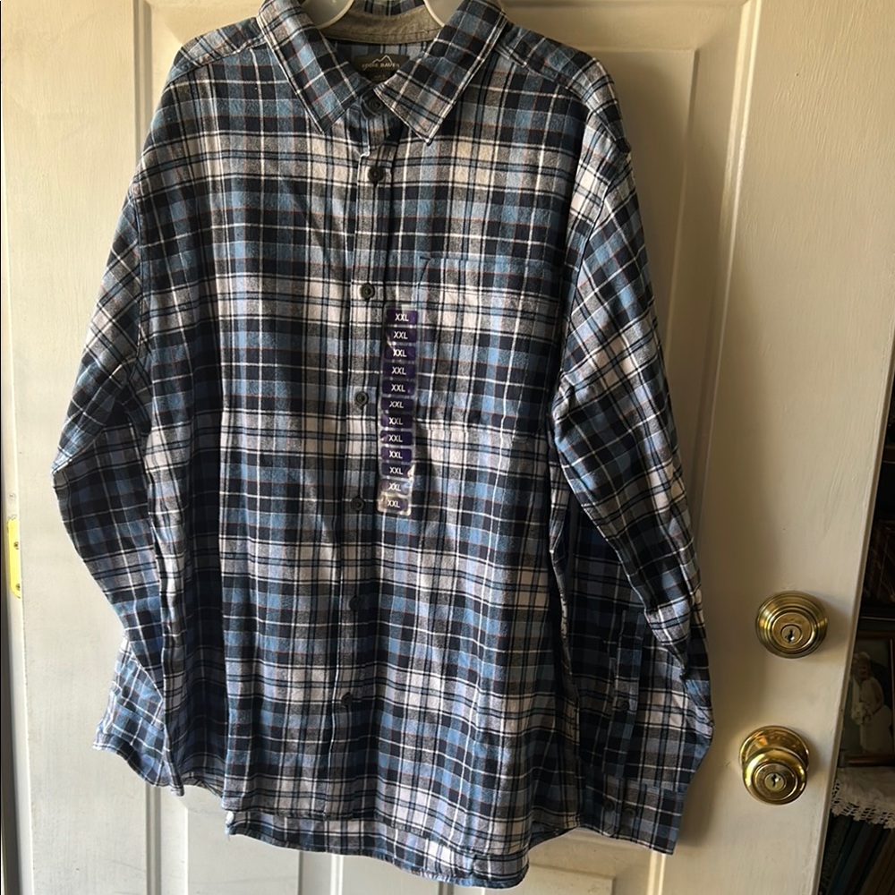 NWOT Eddie Bauer Flannel Blue and White Plaid Long Sleeve Shirt XXL